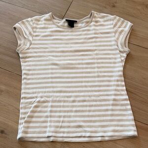 The Limited Womens Tan White Striped Cap Sleeve Crew Neck Cotton Tee Shirt L